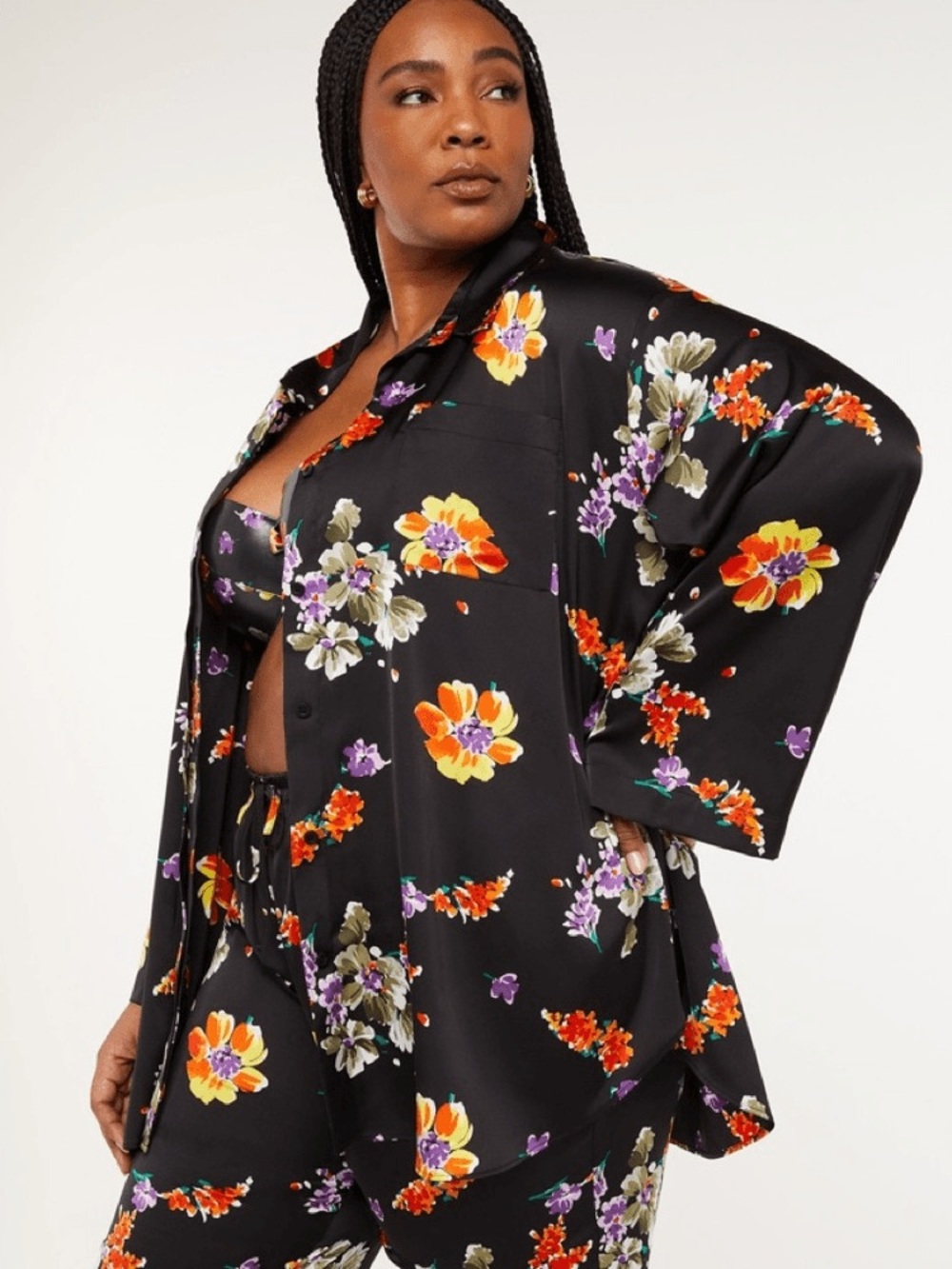 Savage X Fenty Black Night Blooms Floral Satin Oversized Sleep Shirt Sz M Baddie